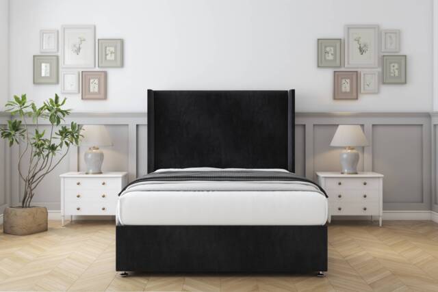 "Sloomy Devonshire Black Naples Divan Bed With Mattress No Drawers With 54"" Wingback Headboard 5' King Black Black King 1"