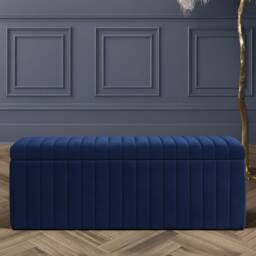 120cm Wide Lux Ottoman Storage Box, Sapphire Blue Velvet Upholstered Full Striped Storage Ottoman Box