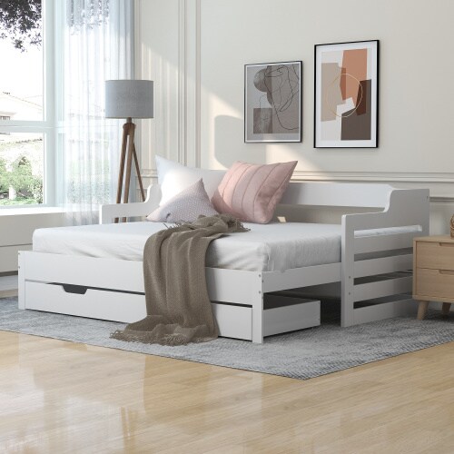VILUXE 3ft Single Wooden Daybed with Pull-Out Trundle and Storage Drawer, Solid Pine, White, 90 x 190cm, No Mattresses
