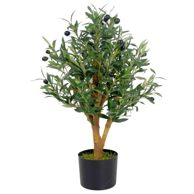 65cm Leaf Design UK Realistic Artificial Olive Tree in Black Plastic Pot Green 2ft