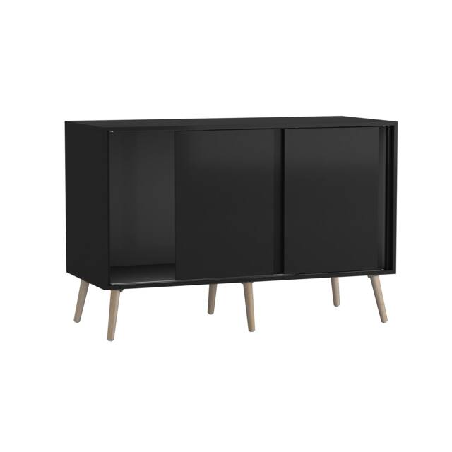 URBNLIVING Black Carcass 3 Door Sliding Storage Cabinet Multi Black Doors & Pine Legs 1