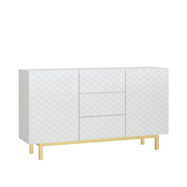 White Sideboard with Diamond Pattern Fronts and Gold Legs – 140cm White 140