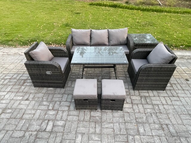 Fimous Rattan Wicker Garden Furniture Patio Conservatory Sofa Set with Rectangular Dining Table Reclining Chair 3 Seater Sofa 2 Small Footstools Side Table