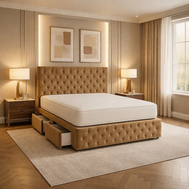 6FT Superking Beige Plush Velvet Divan Bed With Headboard & Footboard and Memory Sprung Mattress 2 Drawers Left Side Laying in Bed