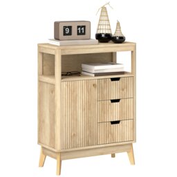 HOMCOM Sideboard, Fluted Modern Storage Cabinet with Single Door, Drawers and Adjustable Shelf for Living Room, Kitchen, Dining Room, Bathroom, Bedroom, Nature Wood Finish