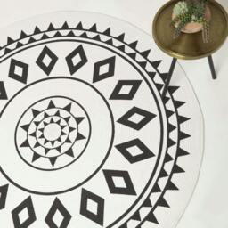 Homescapes Lia White and Black Mandala Handoven Cotton Rug - 150 cm Round Black Black, White