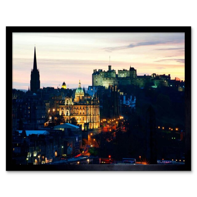 Photo Cityscape Skyline Edinburgh Castle Sunset Dusk Framed Wall Art Print