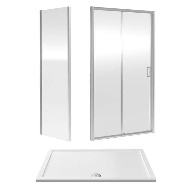 Balterley Sliding Shower Suite with Safety Glass Door, Side Panel & Shower Tray Silver Chrome 3