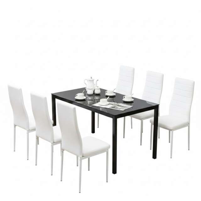 Black Glass Dining Table With Set of 6 White Faux Leather Chairs Dining Room Furniture