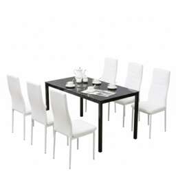 Black Glass Dining Table With Set of 6 White Faux Leather Chairs Dining Room Furniture