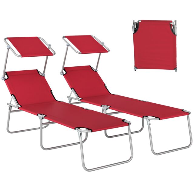 Outsunny Foldable Sun Lounger Set of 2, 4 Level Adjustable Backrest Red