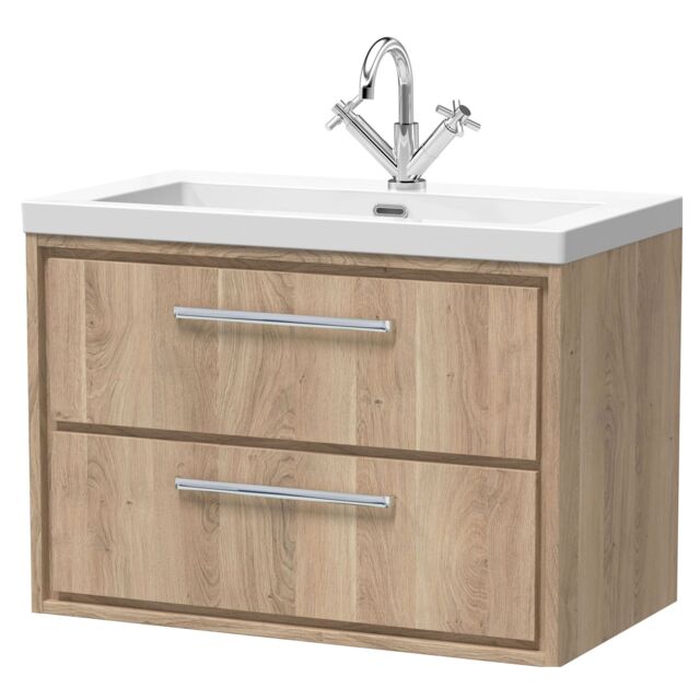 Balterley Longnor 2 Drawer Wall Hung Vanity Unit with 1 Tap Hole Modern Fireclay Basin, Light Oak, 800mm