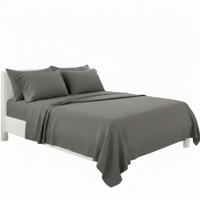 Plain Poly Cotton Easy Care Fitted Flat Sheet Matching Pillowcases Set Grey King
