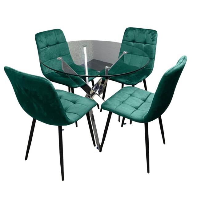 Dining Table and 4 Chairs Round Glass Table 4 Green Velvet Chairs Dining Set