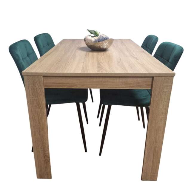 Dining Set of 4 Oak Effect Dining Table and 4 Green Velvet Chairs Dining Room Furniture