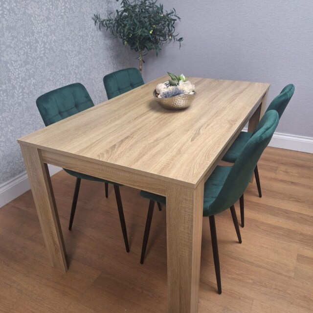 Dining Set of 4 Oak Effect Dining Table and 4 Green Velvet Chairs Dining Room Furniture