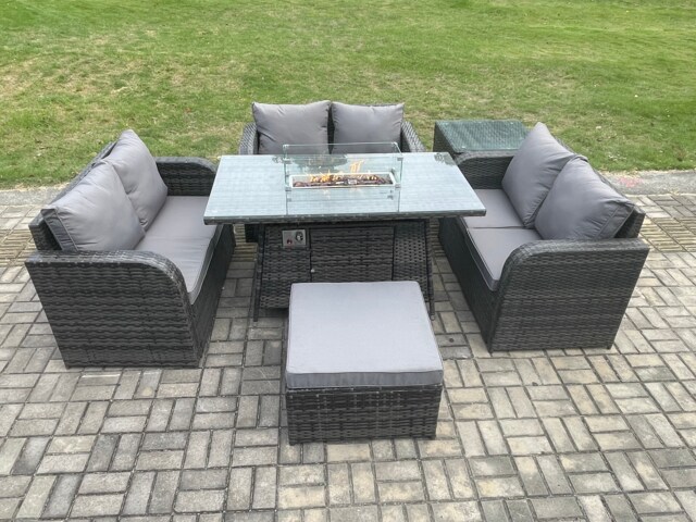 Fimous Rattan Outdoor Garden Furniture Sofa Set Gas Fire Pit Dining Table Gas Heater with Side Table Love Sofa Big Footstool Dark Grey Mixed