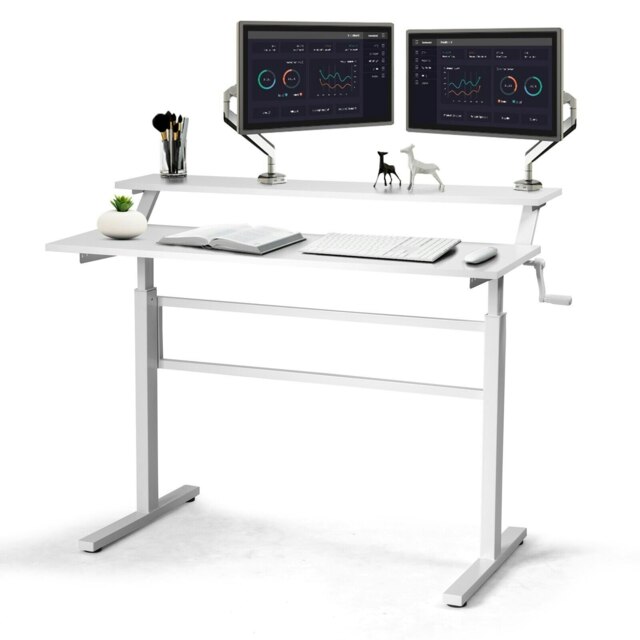 COSTWAY 2-Tier Standing Computer Desk Sit to Stand White White
