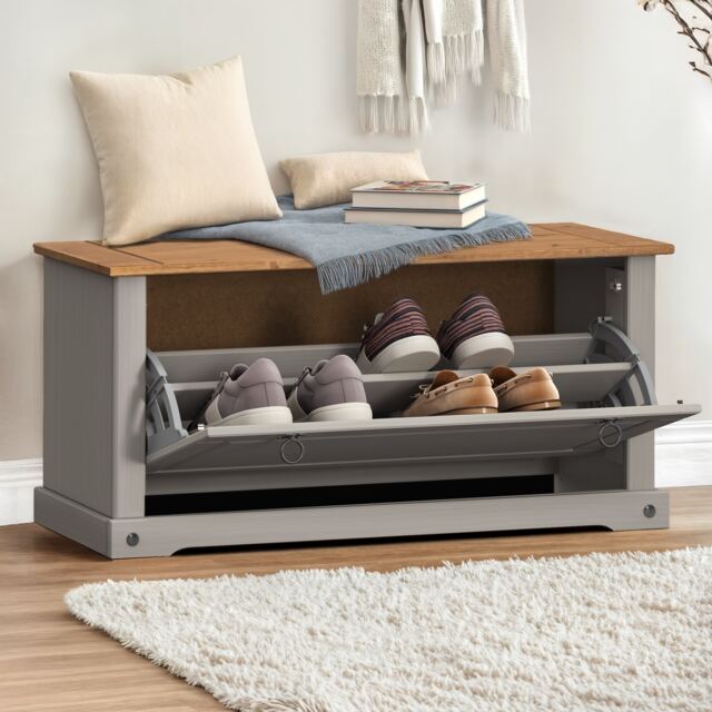 Mercers Furniture Corona Grey Wax 1 Shelf Shoe Rack Chest Solid Wood Mexican Pine Wooden Hallway Storage Bench