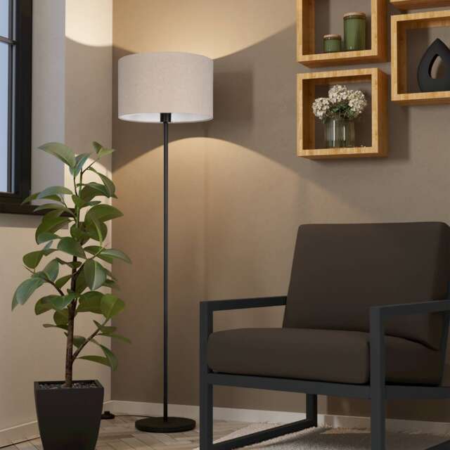 EGLO Feniglia Natural Linen Drum-Shaped Floor Lamp Black