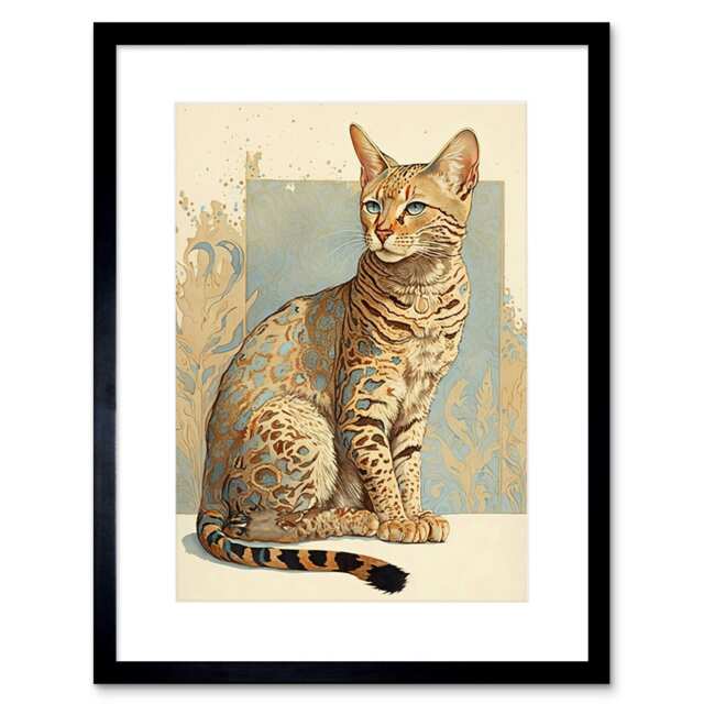 "Ocicat Cat Turquoise Rosette Pattern Fur Watercolour 9x7"" Black Framed Wall Art Print"