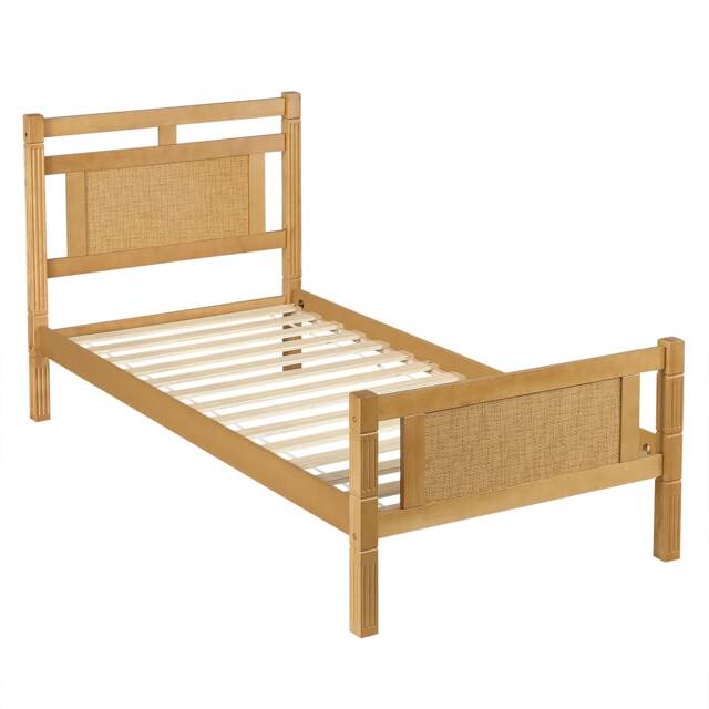 Abrihome Wooden Single Bed 3ft (90x190cm) – Rattan Paper Veneer Finish, Sturdy Pine & MDF Frame, Plywood Slatted Base, Natural Wood Colour