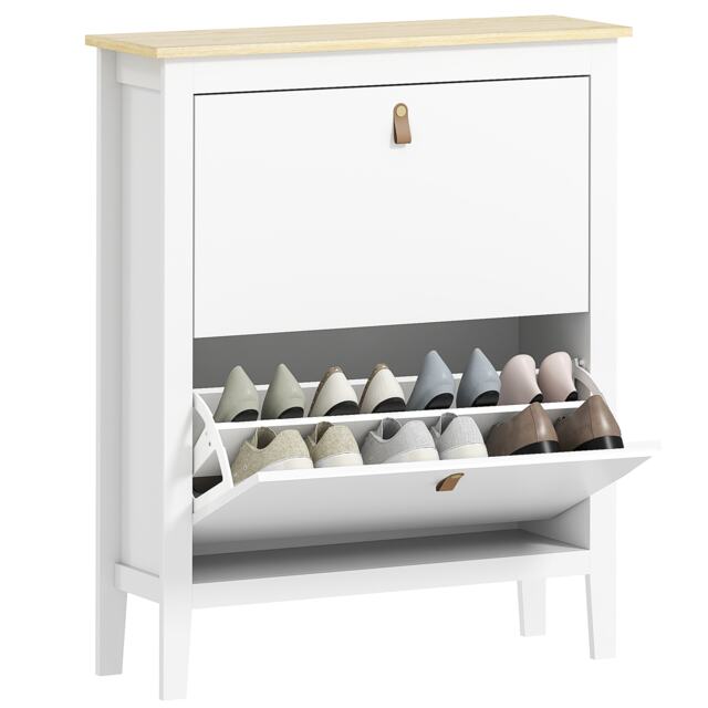 HOMCOM 2 Drawer Shoe Cabinet with Flip Doors, Narrow Shoe Storage Cabinet with Removable and Adjustable Shelves, 14 Pairs Footwear Cupboard for Hallway, Entryway, 80 x 24 x 95.5 cm, White White 1