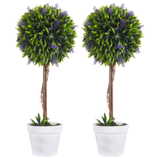 HOMCOM Set of 2 Decorative Artificial Plants Ball Trees with Lavender Flowers in Pot Fake Plants for Home Indoor Outdoor Decor, 60cm, Green