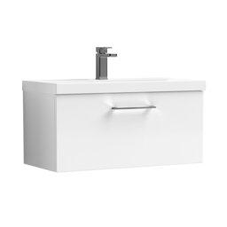 Balterley Wall Hung Bathroom 1 Drawer Vanity Unit and 1 Tap Hole Ceramic Basin, with Handle White Gloss White