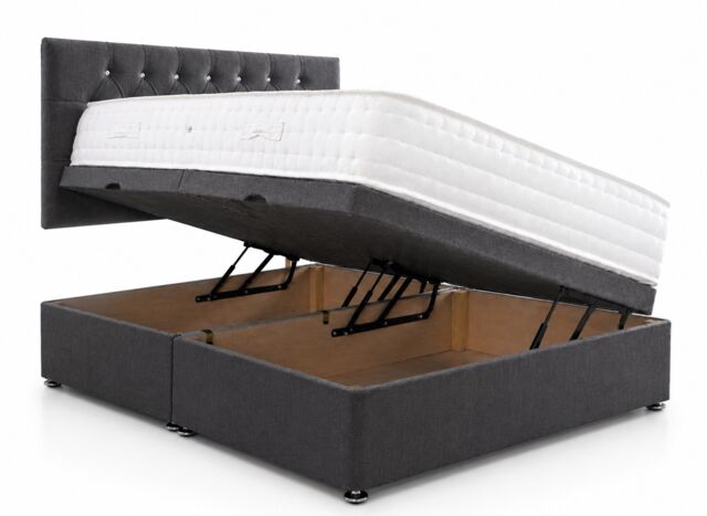 Side Lift Ottoman Charcoal Grey Linen 4ft6 Double Bed Set Headboard and Mattress Included