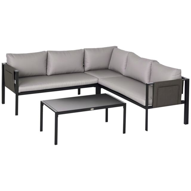 Outsunny 5 Seater Garden Corner Sofa Set, 4 Pieces Metal Garden Furniture Set with Loveseats, Glass Top Coffee Table, Breathable Mesh Pocket, Outdoor Conversation Furniture with Cushions, Light Grey
