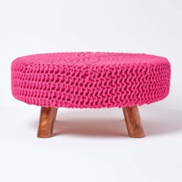 Homescapes Hot Pink Large Round Cotton Knitted Footstool on Legs
