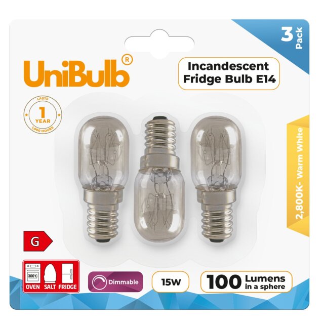 UniBulb Fridge / Oven / Salt Lamp Pygmy E14 Small Edison Screw (SES) 100lm 15W 2800K (Warm White) Incandescent Dimmable Light Bulbs - Pack of 3