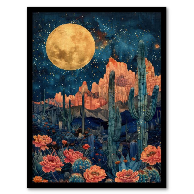 Flower Cactus By Moon Grand Canyon Starry Night Black Framed Wall Art Print A4