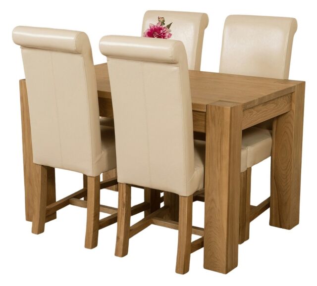 Kuba 125x80cm Chunky Oak Small Dining Table and 4 Washington Leather Chairs Cream Cream