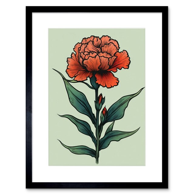 "Carnation Old School Flower Tattoo Body Americana 50s 9x7"" Black Framed Wall Art Print"