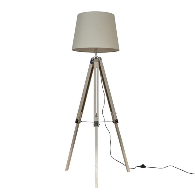 ValueLights Clipper Light Wood Tripod Floor Lamp Beige Shade & Bulb
