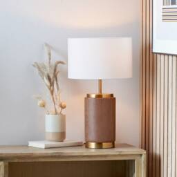 Cylinder Wood Effect Ceramic Table Lamp with Shade Brown Brown 1