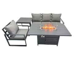 Fimous 4 Seat Outdoor Garden Furniture Set Aluminium Lounge 3 Seat Sofa Gas Fire Pit Table Sets with Chair Side Table Dark Grey