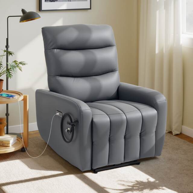 HOMCOM Electric Recliner Armchair with USB Type C Charge Port, Phone Holder, PU Leather Reclining Chair with Adjustable Leg Rest, Recliner Chair for Home Living Room Theater, Grey Grey Grey