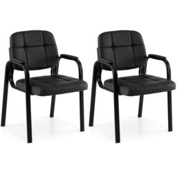Waiting Room Guest Chairs Set of 2, Leather Office Reception Chairs with Padded Armrests, Metal Frame, Stationary Side Chairs No Wheels for Conference Room Lobby Home, Black