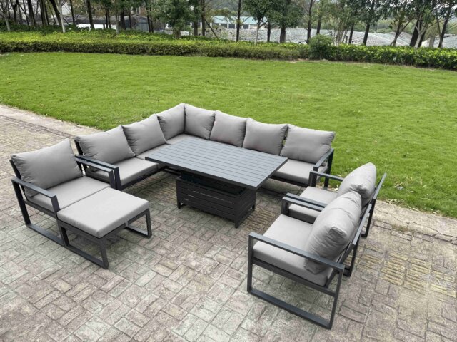 Fimous Aluminium Garden Furniture Sets,10 Seater Outdoor Conversational Dining Set with Adjustable Rising Lifting Dining Table Cushions for Yard,Poolside, Patio, Dark Grey
