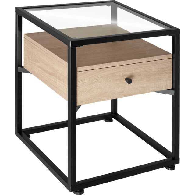 Nightstand with glass surface and drawer Brown industrial wood light, oak Sonoma 45 x 43 x 54,50 cm 1