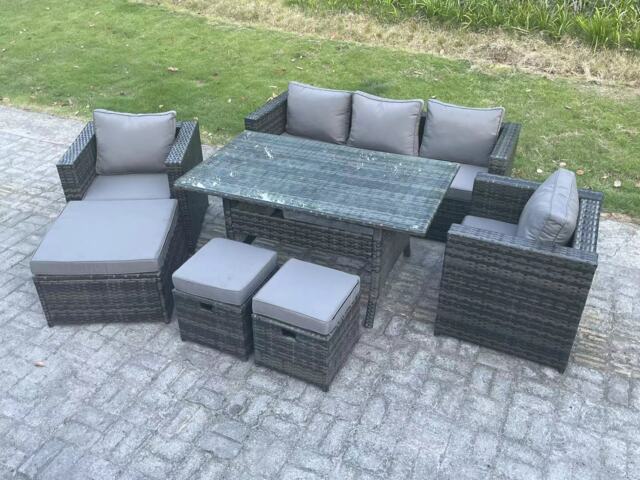 Fimous Outdoor Garden Furniture Set Patio Rattan Rectangular Dining Table Lounge Sofa Chair with Big Footstool 2 Small Stools Dark Grey Mixed