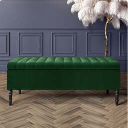 137cm Paris Striped Ottoman Storage Bench- Plush Velvet Shoe Bench - Forest Green Upholstery Footstool with Storage