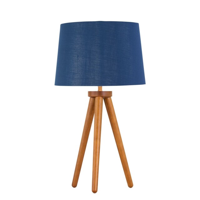 Voyage - Dark Oak Table Lamp or Bedside Light with Navy & Silver Shade Brown Blue Large 1