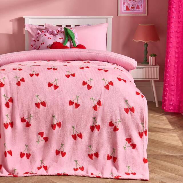 OHS Cherry Print Flannel Fleece Throw Blanket Soft Bedspread