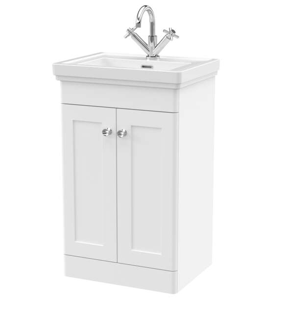 Balterley Classic Traditional Bathroom Floor Standing 2-Door Vanity Unit & Fireclay Basin White Satin White