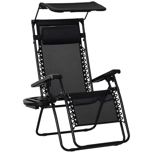 Outsunny Foldable Reclining Garden Chair with Headrest, Zero Gravity Deck Sun Lounger Seat Chair with Footrest, Armrest, Cup Holder & Canopy Shade, Black