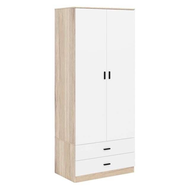 2-Door 2-Drawer Wardrobe with Storage Shelf, and Hanging Space - 180x75x46cm Brown Oak & White 1